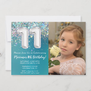 Convites Foto Aniversário de 11 anos Brilho Prata Azul