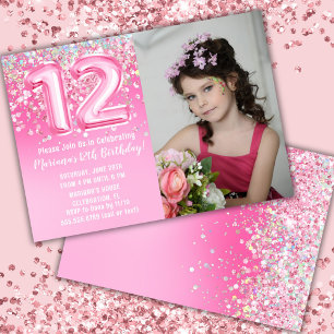 Convites Foto Aniversário de 12 anos Brilho Rosa