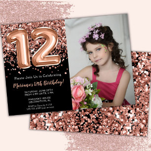 Convites Foto Aniversário de 12 anos Preto Rosa Dourado Bri