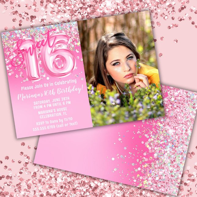 Convites Foto Aniversário de 16 anos com Brilho Rosa Doce (Criador carregado)