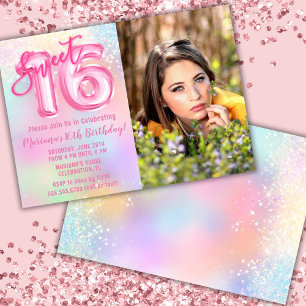 Convites Foto Aniversário de 16 anos Rosa Arco-íris Doce
