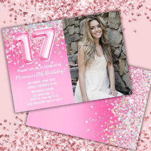 Convites Foto Aniversário de 17 anos Brilho Rosa