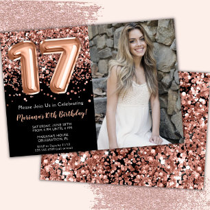 Convites Foto Aniversário de 17 anos Rosa Preta Brilho Dour