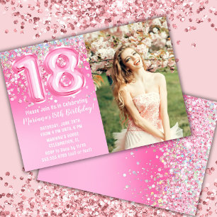 Convites Foto Aniversário de 18 anos Brilho Rosa