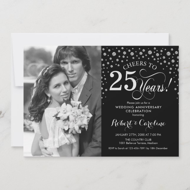 Convites Foto Aniversário de 25 Anos de Casamento - Preto P (Frente)