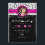 Convites Foto aniversário de 30 anos - Prata Preta Rosa Que<br><div class="desc">Convite para aniversário de 30 anos com a sua design de Elegante de Fotografias em preto,  cintilante falso prata com uma dica de rosa quente. Perfeito para a trinta festas de aniversário feminina. Pode ser personalizado para qualquer idade!</div>