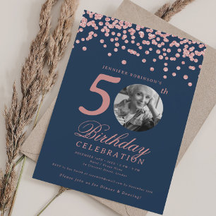 Convites Foto Aniversário de 50 anos Confete Dourado Rosa A