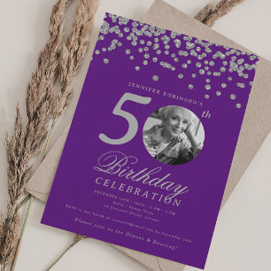 Convites Foto Aniversário de 50 anos Confete Prata Roxo