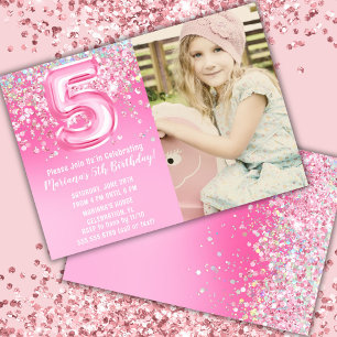 Convites Foto Aniversário de 5 anos Brilho Rosa