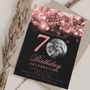 Convites Foto Aniversário de 70 anos Dourado Rosa Glamour à