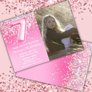 Convites Foto Aniversário de 7 anos Brilho Rosa