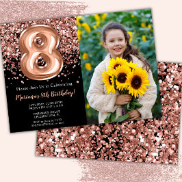 Convites Foto Aniversário de 8 anos Preto Rosa Dourado Bril