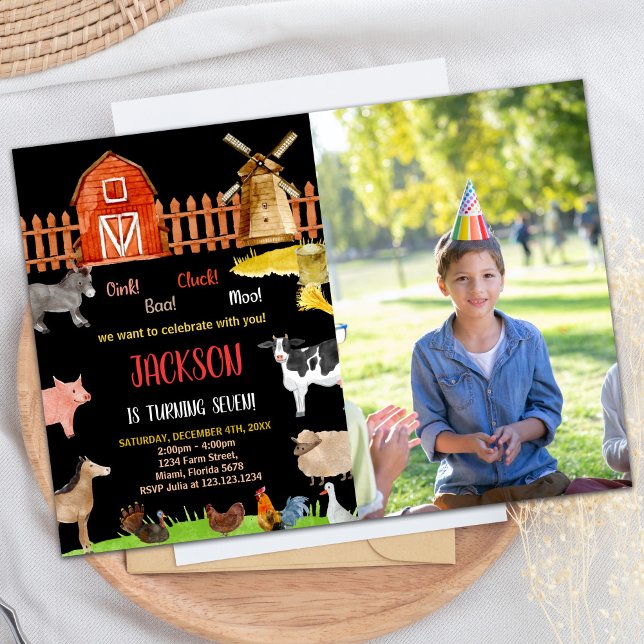 Convites Foto: Aniversário de Animais da Fazenda Vermelha N (Photo Red Black Red Farm Animals Birthday Invitation)
