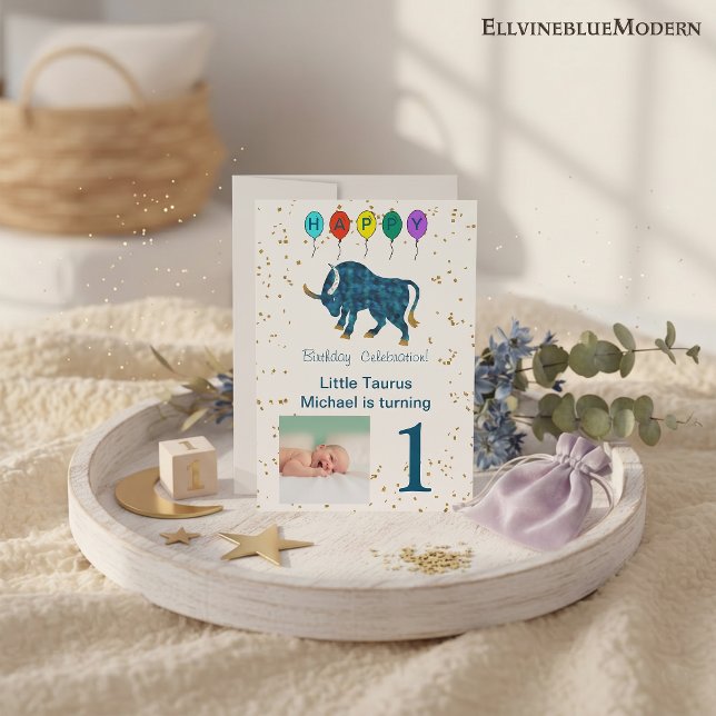 Convites Foto & Aniversário de Touro com Balões e Dourado (Taurus 5” x 7” Photo Invite. Visit Taurus Zodiac Birthday Party Collection for more items.)