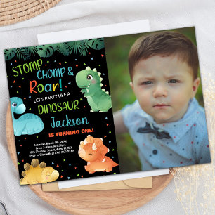 Convites Foto: Aniversário do Dinossauro Negro Laranja Verd