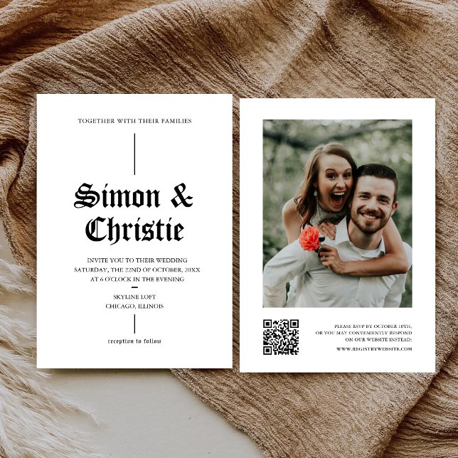 Convites Foto Antiga em Preto e Branco Código QR Casamento (Vintage black and white photo QR code wedding invitation blends timeless style with easy RSVP)