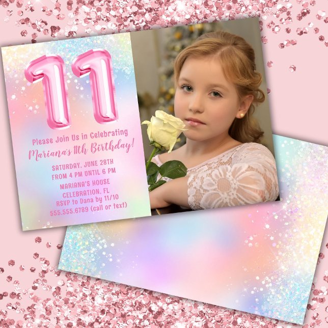 Convites Foto Arco-íris Rosa Aniversário de 11 anos (Criador carregado)
