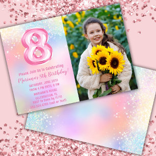Convites Foto Arco-íris Rosa Aniversário de 8 anos