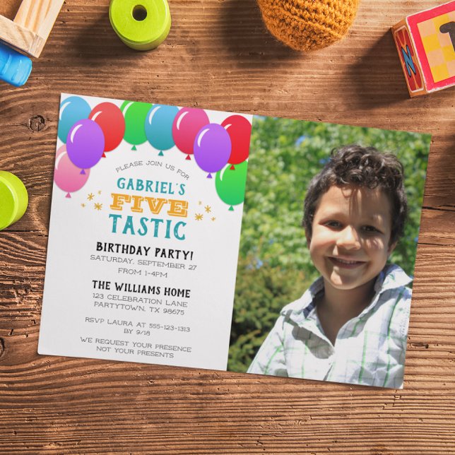 Convites Foto Azul Balão Azul de Aniversário de CINCOtastic (Criador carregado)