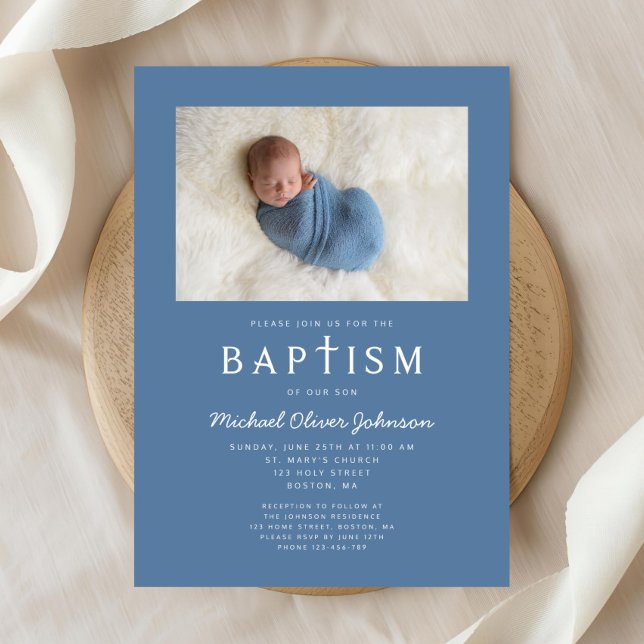 Convites Foto Azul, Cristo Religioso (Blue Photo Religious Cross Boy Baptism Invitation)