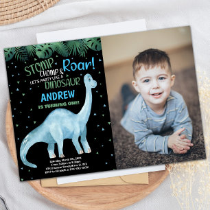Convites Foto Azul Dinossauro Preto Verde Aniversário