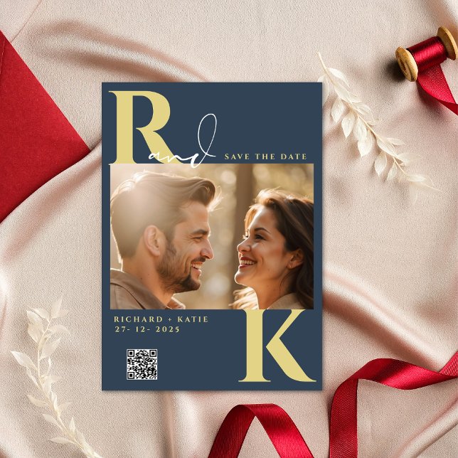 Convites Foto Azul do Marinho Brilhante do Monograma Modern (Criador carregado)