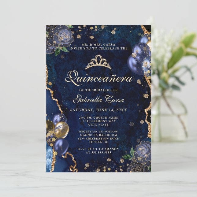 Convites Foto Azul Dourado Floral Ágata Quinceanera  (Em pé/Frente)