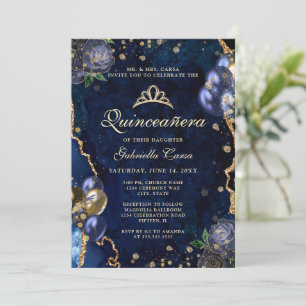 Convites Foto Azul Dourado Floral Ágata Quinceanera 