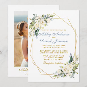 Convites Foto Azul Dusty De Quadro Floral De Casamento De W