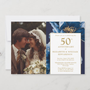 Convites Foto Azul Floral Elegante de 50º Aniversário