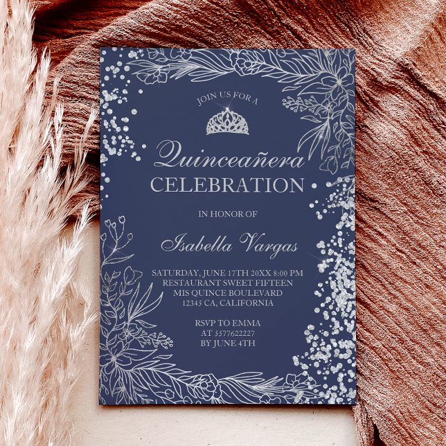 Convites Foto azul marinho prateada Tiara Quinceañera (Silver floral navy blue photo Tiara Quinceañera Invitation)