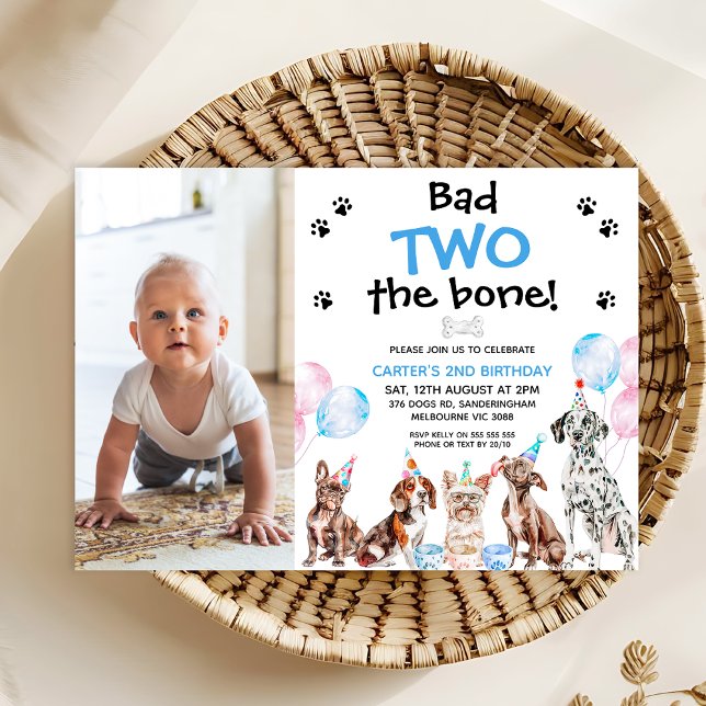 Convites Foto Azul Mau Dois O segundo aniversário Dos Cães  (Bad To The Bone Birthday Invitation For Boy, Dog Themed Birthday Invitation Template with Photo, )