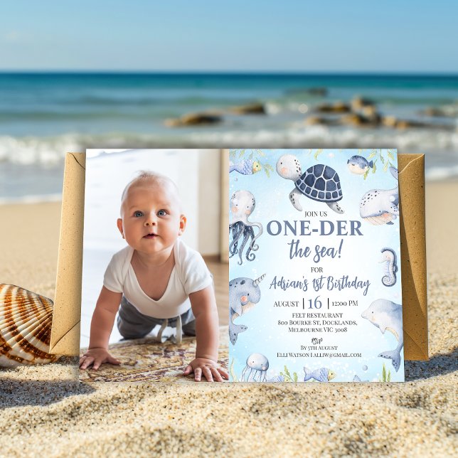Convites Foto Azul Tartaruga do Mar Um Dó O primeiro aniver (Editable Sea Turtle Oneder The sea 1st Birthday Invitation Boy, Ocean Themed First Birthday Invite)