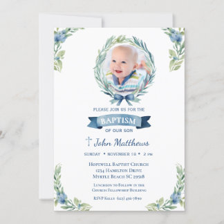 Convites Foto Baptism Blue Cross Floral Boys