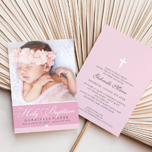 Convites FOTO BAPTISM elegante caligrafia rosa-doce