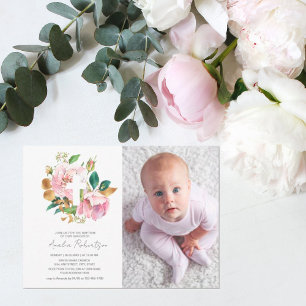 Convites Foto Baptism Floral Girl Watercolor