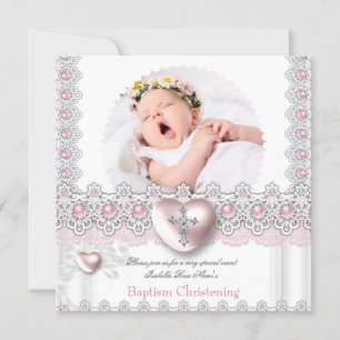 Convites Foto Baptism Pink Silver Heart Cross Girl 2
