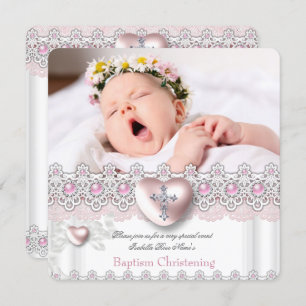 Convites Foto Baptism Pink Silver Heart Cross Girl Pearl