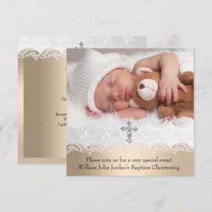 Convites Foto Baptism White Beige Cross Baby Girl Boy