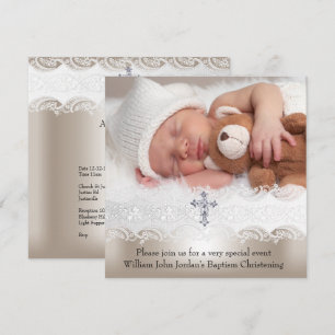 Convites Foto Baptism White Beige Cross Baby Girl Boy