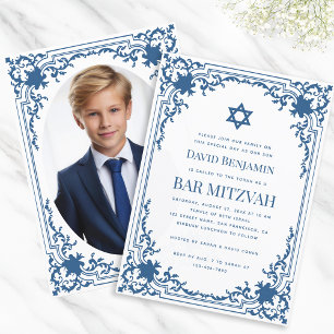 Convites Foto Bar Mitzvah Azul Branco Vintage Estrela de Da