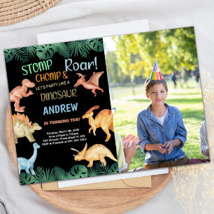 Convites Foto Barwon Black Glitter Dinosaur Aniversário