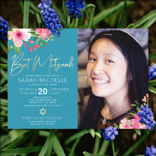 Convites Foto Bat Mitzvah Azul Floral Aquarela Rascunho