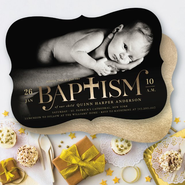 Convites Foto Batismo Clássico Clássico de Folha Ouro (Faux Gold Foil Modern Classic Bold Cross Stylish Baptism Photo Invitation @ fat_fa_tin)