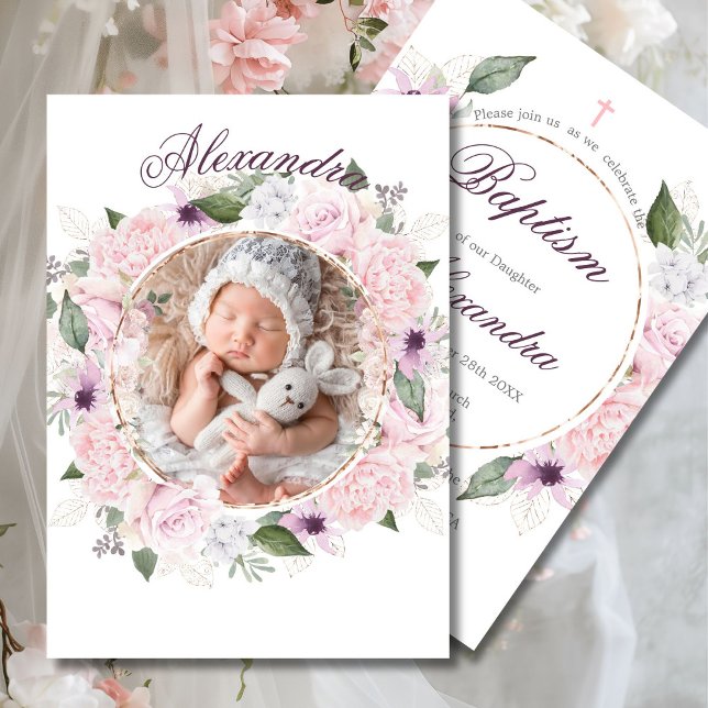 Convites Foto Batismo Rosas Rosa Rosa Meninas Florais (Criador carregado)