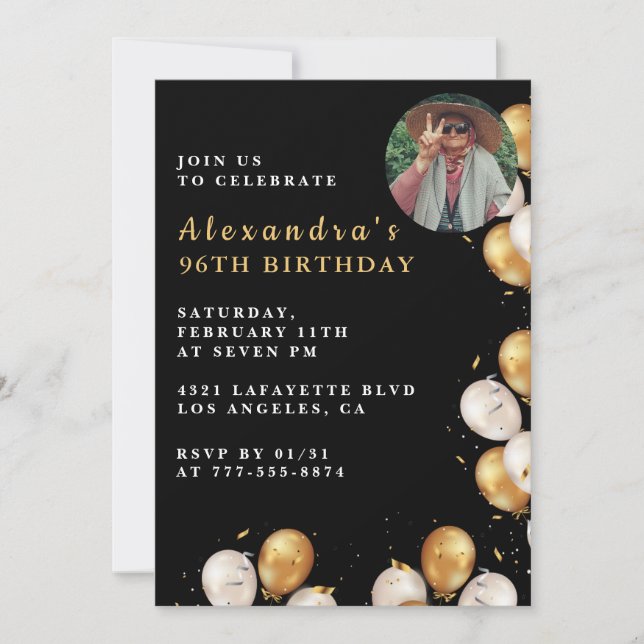 Convites Foto Black Dourado Balloon 96º aniversário (Frente)