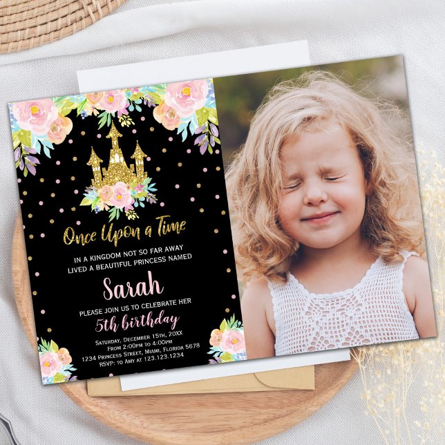 Convites Foto: Black Floral Glitter Princess Birthday (Photo Black Floral Glitter Princess Birthday Invitation)