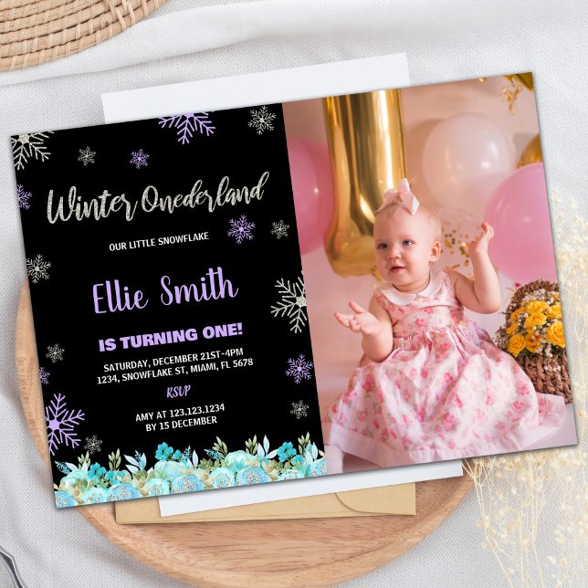 Convites Foto Black Green Floral Winter ONEderland (Photo Black Green Floral Winter ONEderland Invitation)