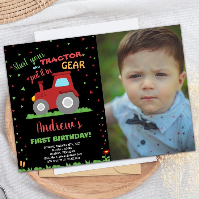 Convites Foto BLACK RED Green Grass Trator Aniversário (Photo BLACK RED Green Grass Tractor Birthday Invitation)