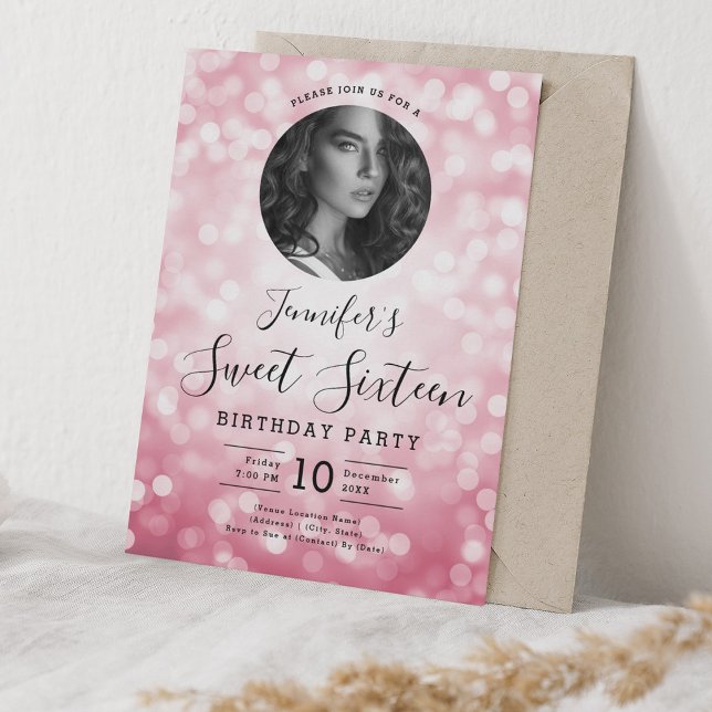 Convites FOTO Blush Pink Bokeh Lights Sweet 16 Party (PHOTO Blush Pink Bokeh Lights Sweet 16 Party Invitation)